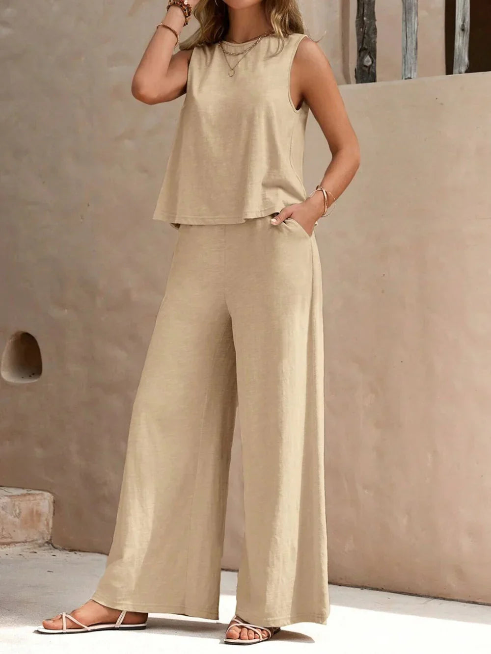 Leah | Women's Sleeveless Top And Wide Leg Set